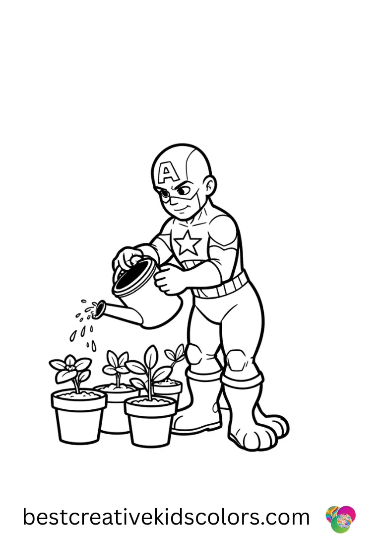 Printable captain america pdf captures him gently watering tiny potted plants on a sunny porch.