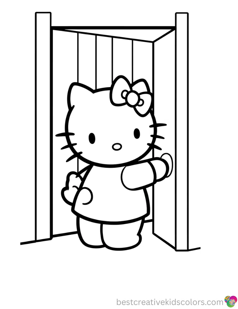 Printable coloring page hello kitty neatly shows Hello Kitty safely opening a wooden door.