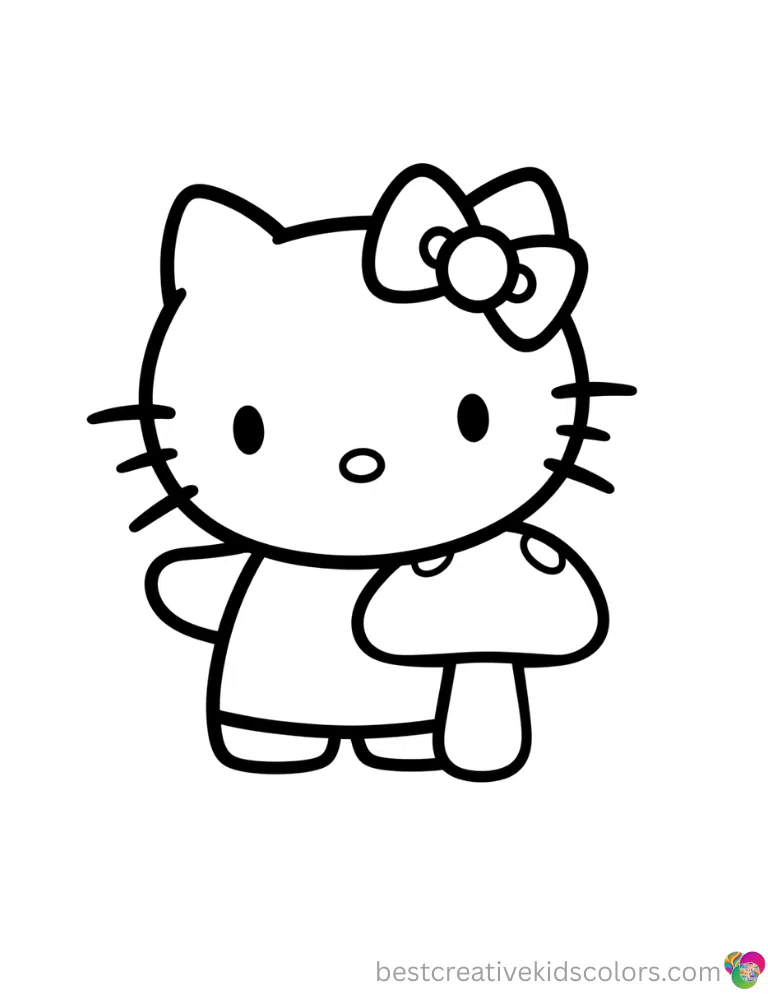 This simple printable coloring page hello kitty nicely shows Hello Kitty patting a soft mushroom.