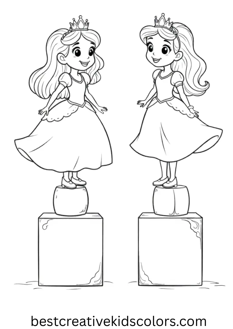 Princesses stack soft foam shapes into towers in Printable coloring pages for kids.