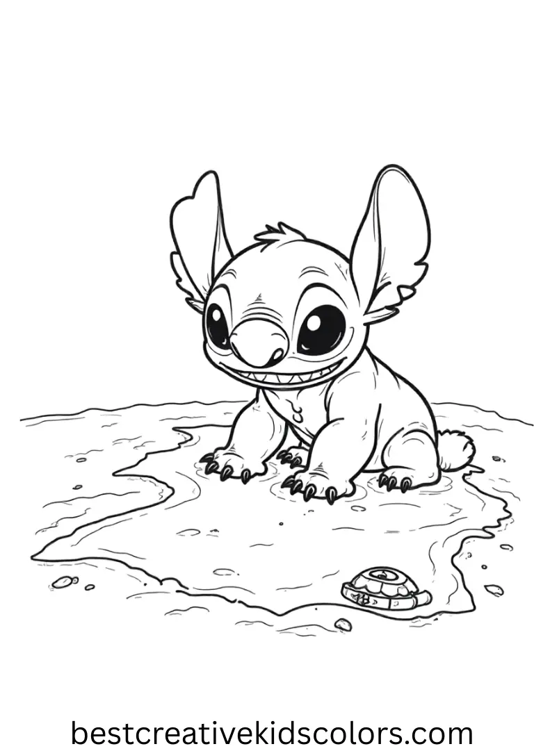 Printable colouring pages stitch pdf features Stitch drawing a treasure map in the sand.