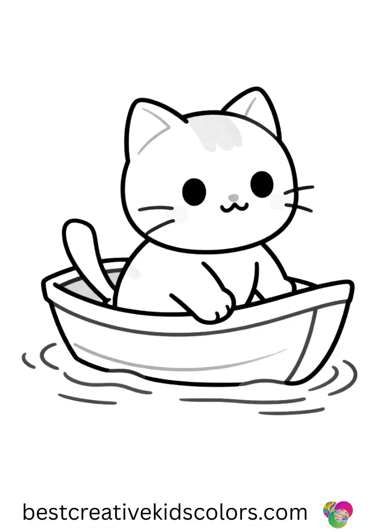A playful kitten sails a leaf boat across a calm pond in Printable cute cat coloring pages.