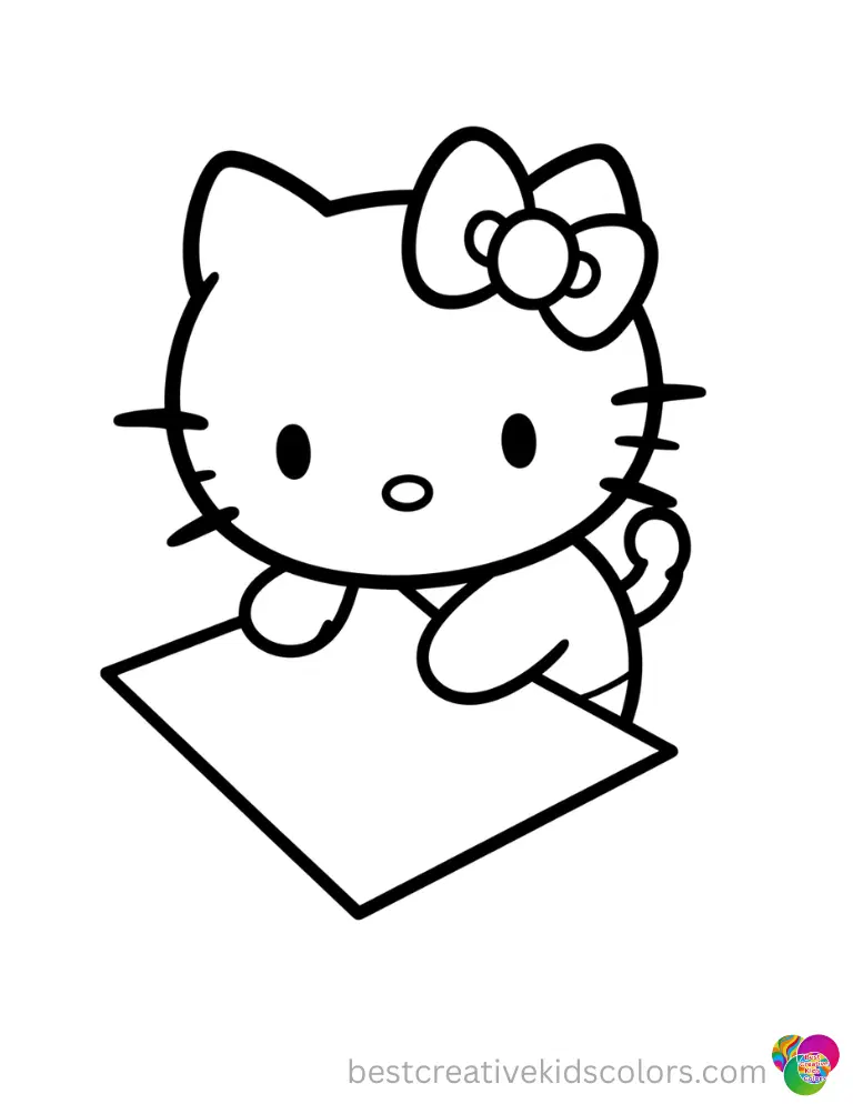 Hello Kitty calmly taps a blank sheet of paper inside printable hello kitty coloring pages free.
