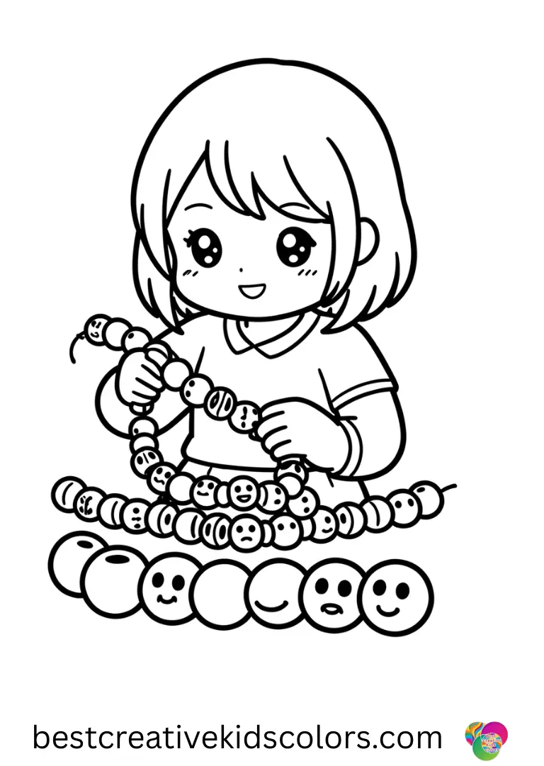A girl strings wooden beads into repeating patterns in Printable kawaii doodle coloring pages for adults.