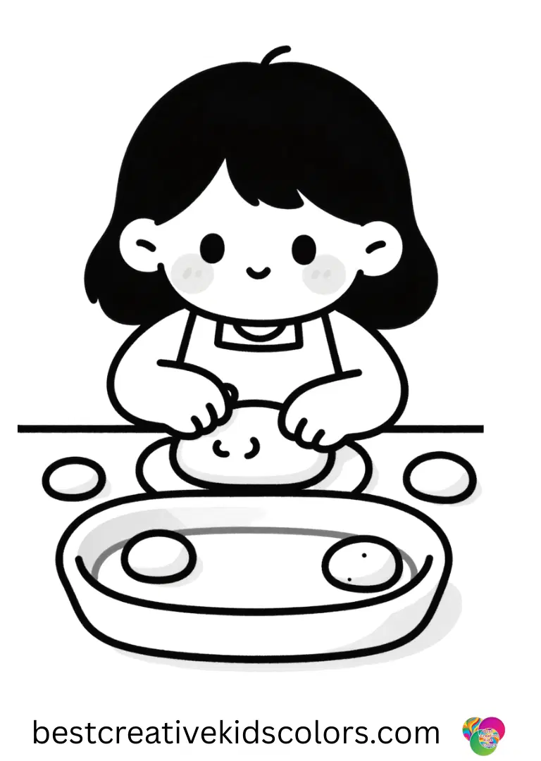 A girl rolls soft clay ropes into shallow trays in Printable kawaii doodle coloring pages pdf.