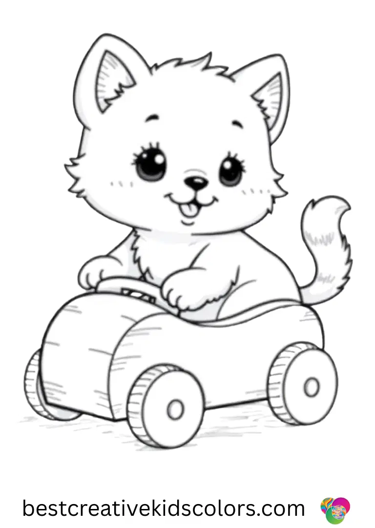 A kitten rolls a tiny wooden toy car in Printable kitten coloring sheets, eyes full of curiosity.