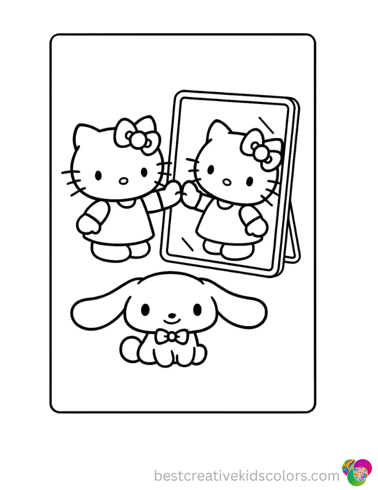 This simple Printable sanrio coloring pages shows Sanrio characters touching a clear mirror.