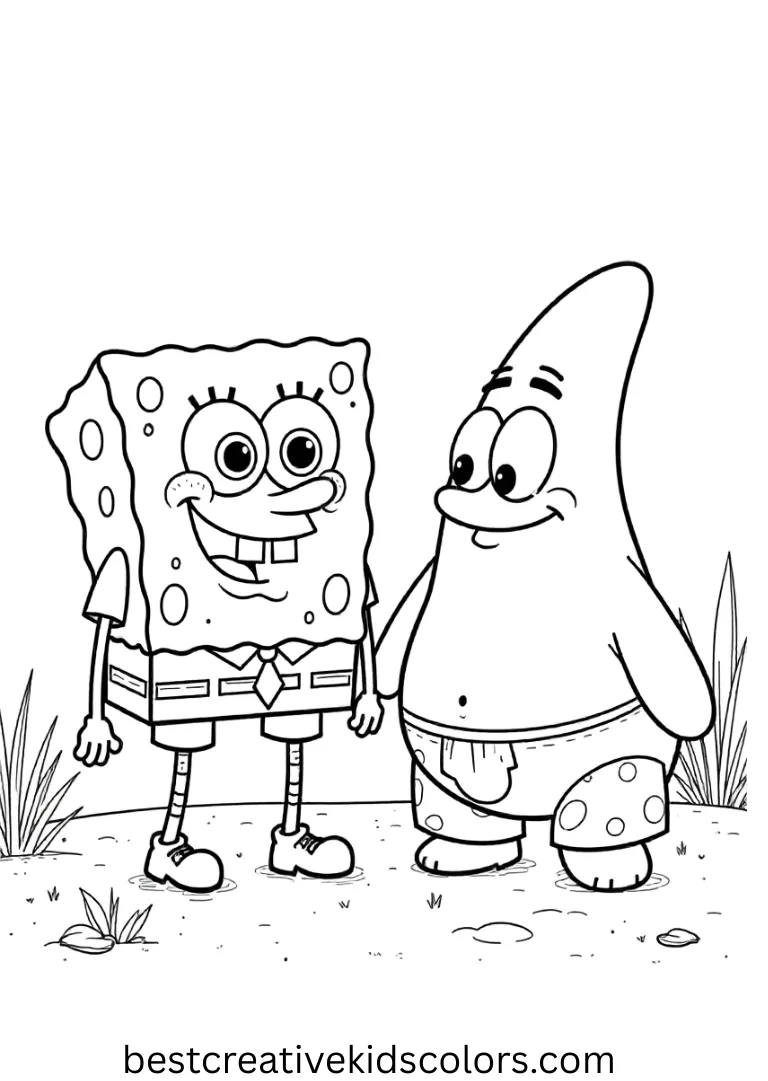 Printable Spongebob and Patrick coloring pages for adults feature smoother lines, gentle shading areas, and relaxing scene compositions.