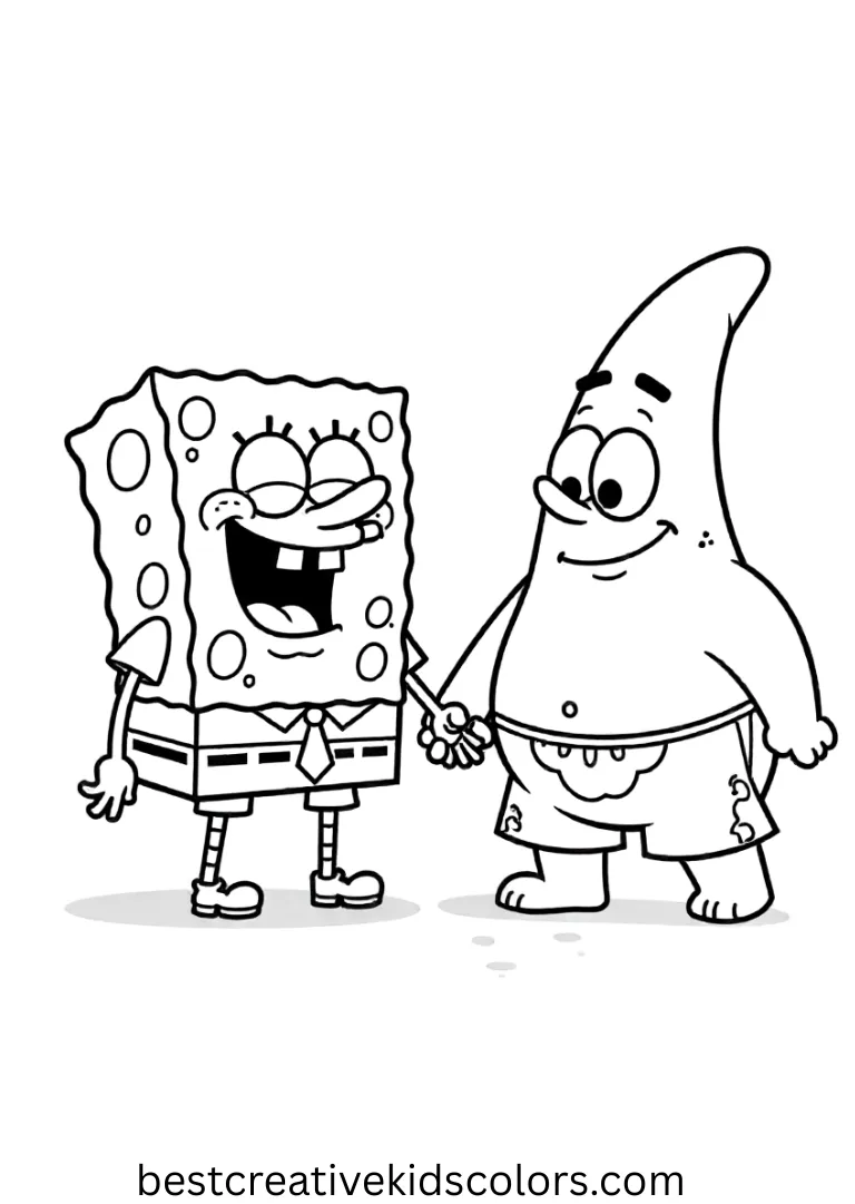 Printable Spongebob and Patrick coloring pages PDF includes duo scenes showing their funniest moments together, designed for smooth coloring.