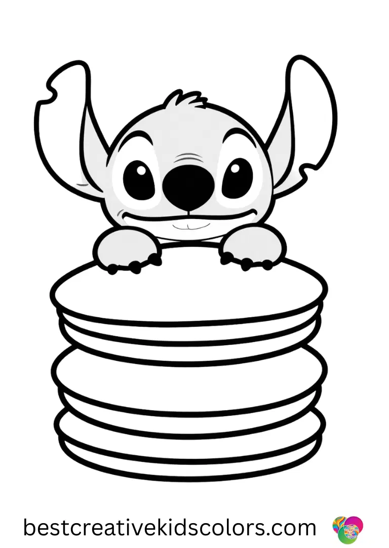 Stitch balances a tiny stack of pancakes in Printable stitch print free.