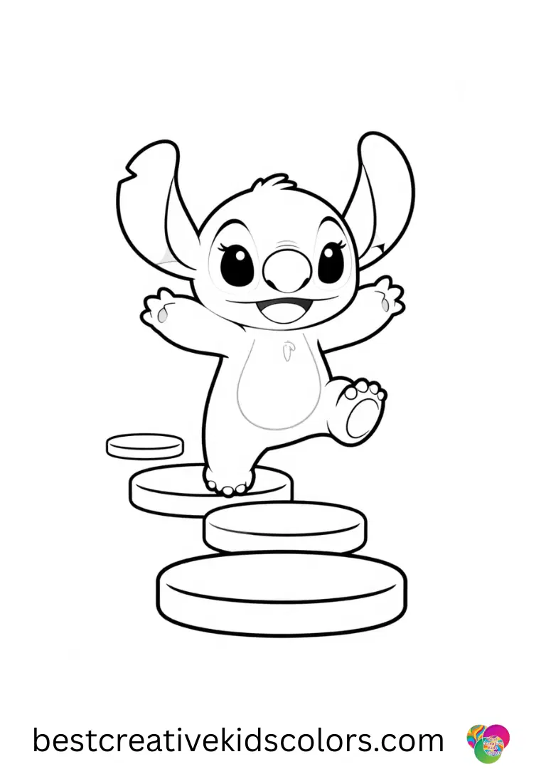 Printable stitch print pdf shows Stitch hopping over colorful stepping stones.