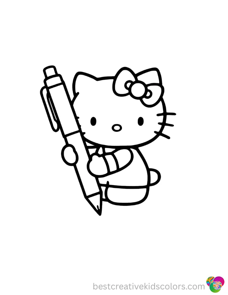 Printables hello kitty perfectly displays Hello Kitty holding a classic blue writing pen.