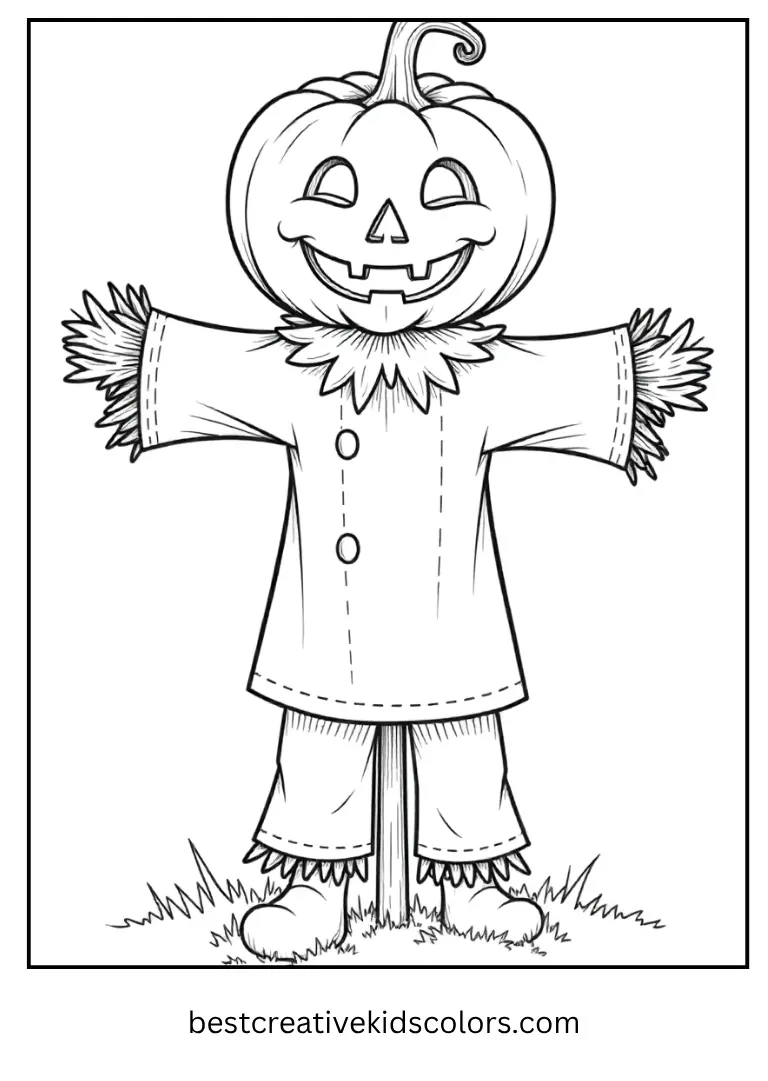  A scarecrow with a pumpkin head waves to friends.