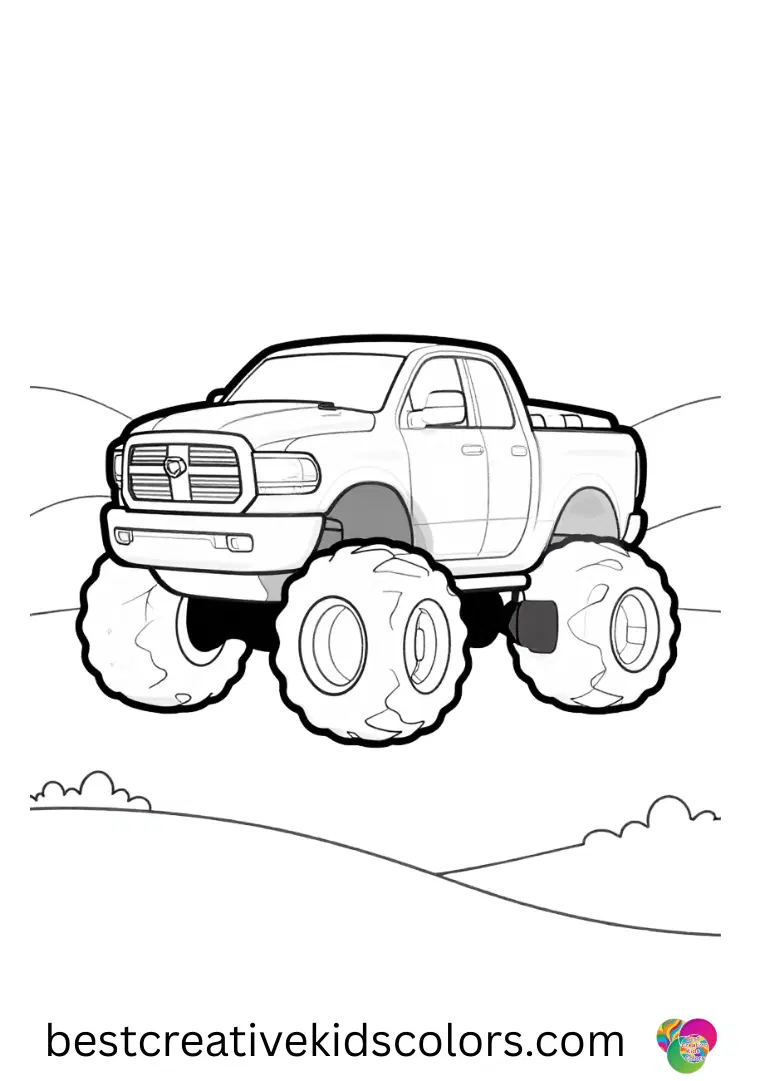 The RAM truck glides across gentle hills. Large spaces make coloring simple for beginners.