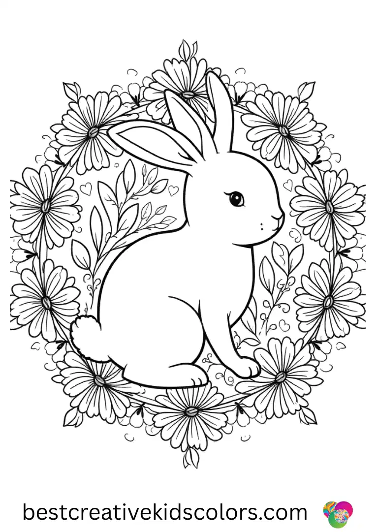 A bunny is hidden among detailed shapes radiating outward in Rabbit Mandala coloring pages for kids.