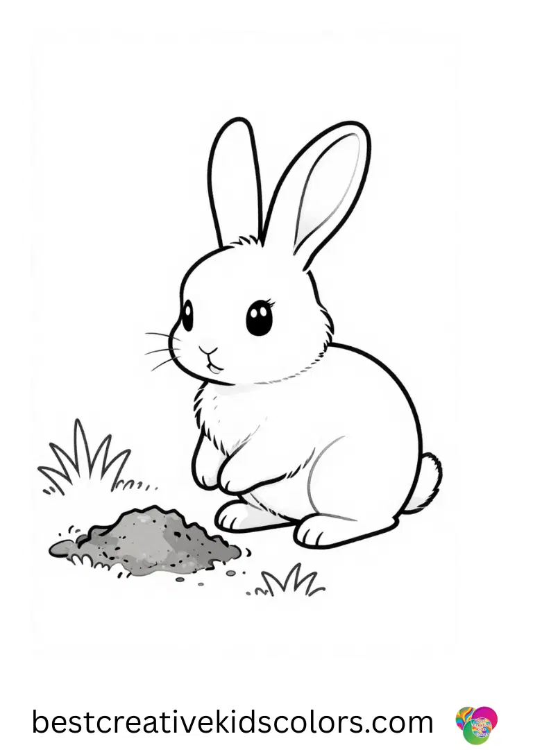Rabbit coloring pages printable PDF shows a bunny digging a tiny hole near a grassy patch.