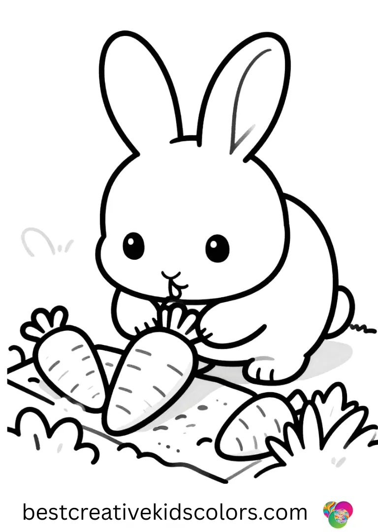 Rabbit coloring pages printable PDF shows a rabbit sniffing fresh vegetables in a small garden patch.