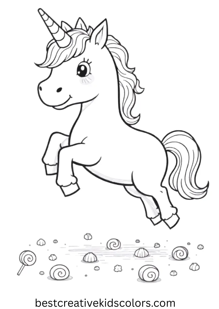 A unicorn jumps over rainbow-colored candies — easy-to-color Unicorn Food-Themed Coloring Page.