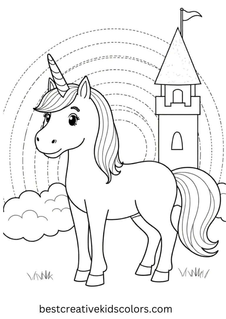 Rainbow Castle Unicorn Coloring Sheet