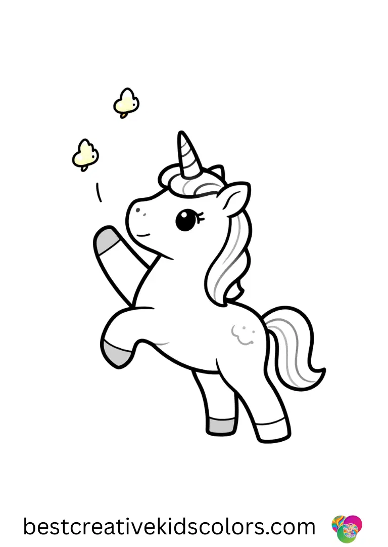 A Rainbow Unicorn coloring pages scene features a unicorn catching rainbow-colored fireflies at dusk.