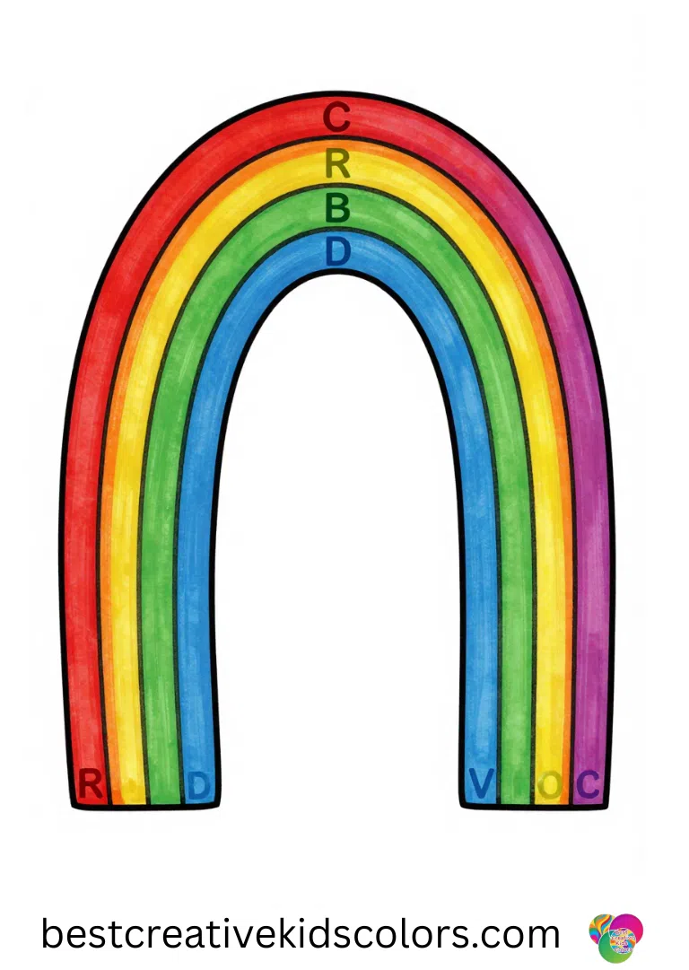 Rainbow coloring page with color words