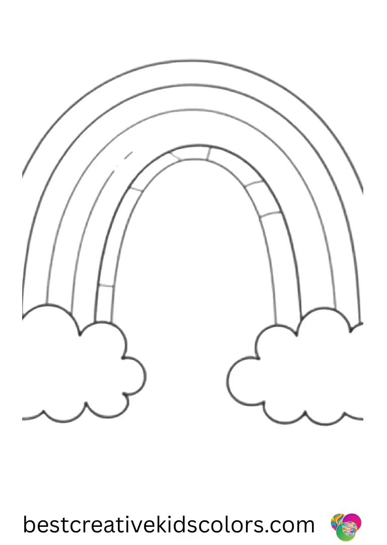 Rainbow coloring pages printable presents a single arch emerging from clouds at the bottom edge