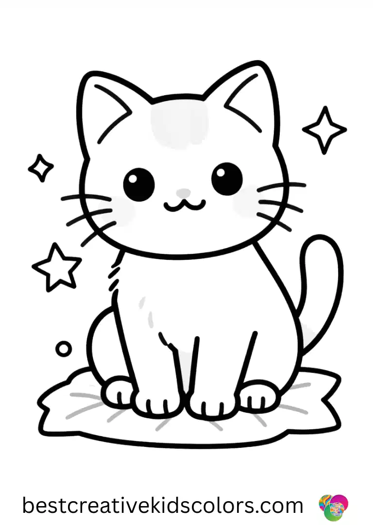 A kitten floats on a magic leaf among twinkling stars in the Rainbow kitten with stars and sparkles coloring pages easy.