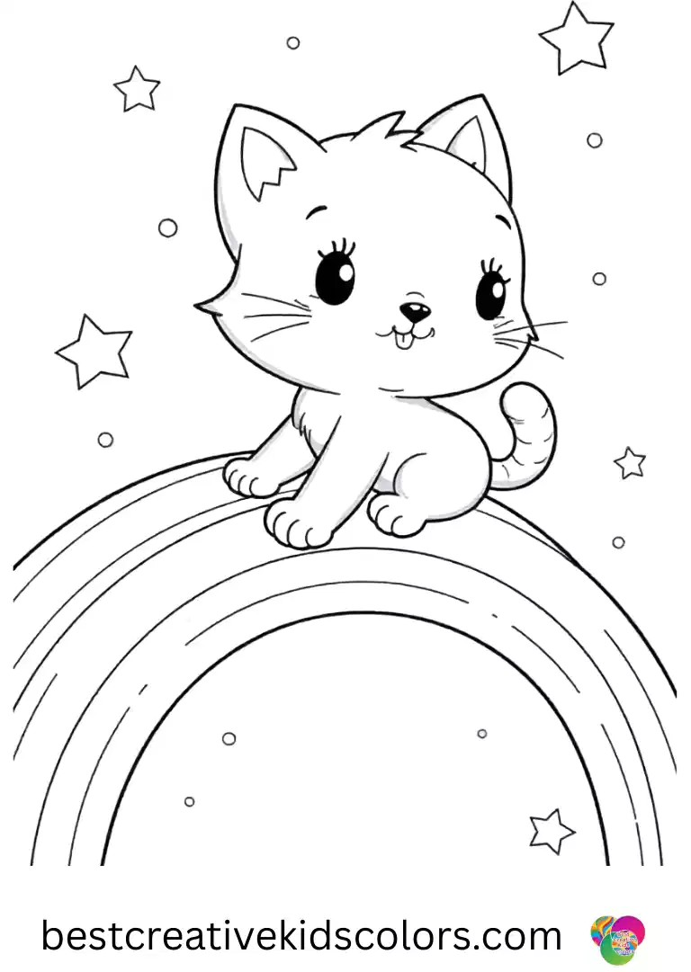 Rainbow kitten with stars and sparkles coloring pages free shows a kitten sliding down a rainbow arc.