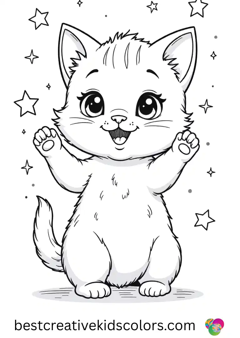 Rainbow kitten with stars and sparkles coloring pages online shows a kitten juggling tiny sparkling gems.