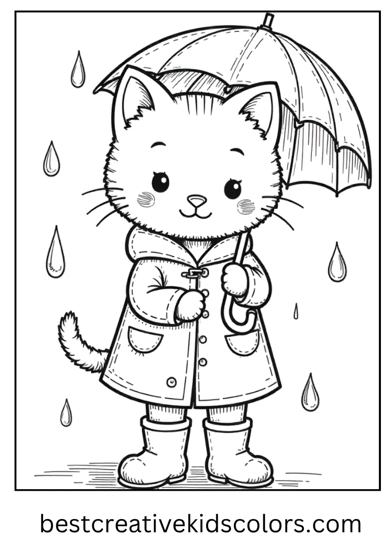 Kitty wears a simple raincoat and boots while holding an umbrella under gentle raindrops.
