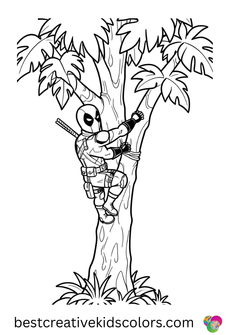 Add shading to Deadpool climbing a tall jungle tree in adventurous Realistic Deadpool coloring pages.