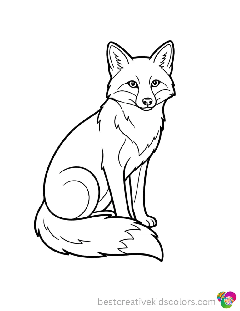 A realistically outlined fox sitting quietly in the center of a wide blank space.