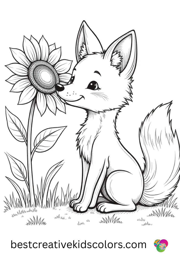 Realistic Fox coloring Pages feature a fox sniffing a blooming sunflower in a sunny meadow.