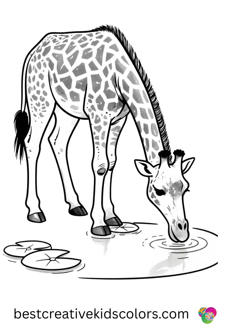 Realistic Giraffe Coloring pages show a giraffe drinking from a small pond with lily pads floating.