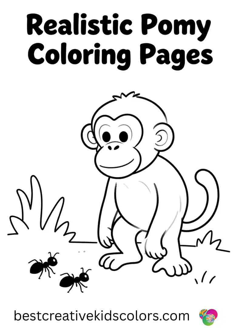 Realistic Monkey Coloring Pages features a monkey observing ants crawling along the forest floor