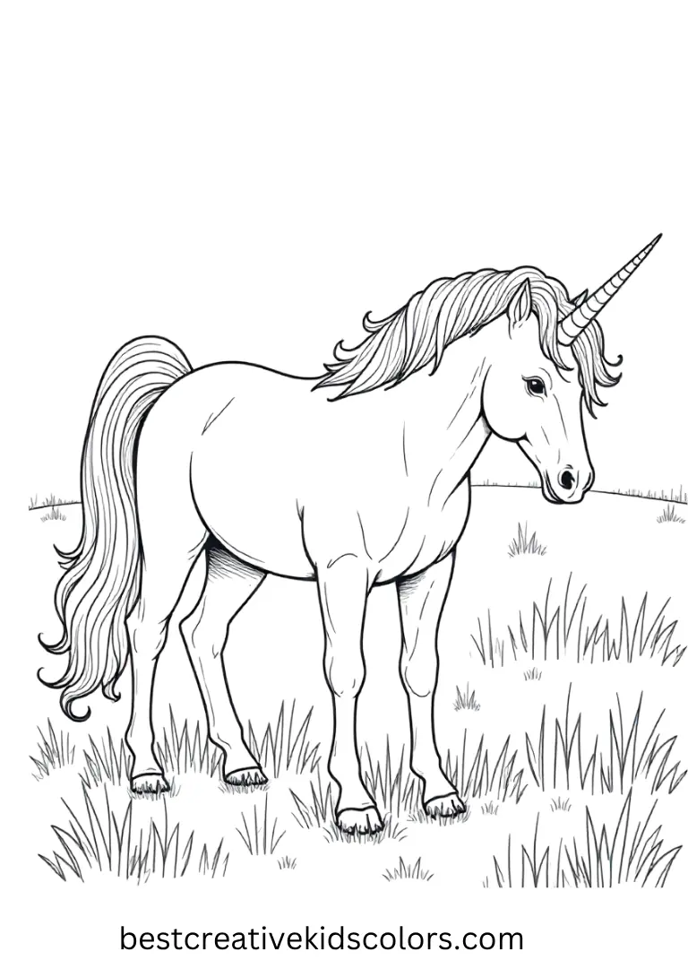 Realistic Unicorn Coloring Page in a Meadow