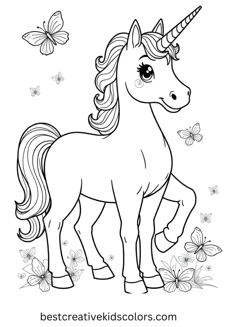 A unicorn stands with delicate butterflies around — detailed yet easy-to-color printable Unicorn Coloring Page.