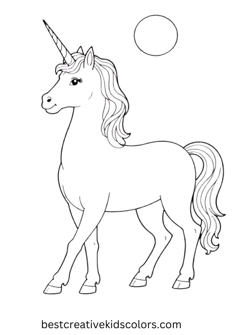 Realistic Unicorn Coloring Sheet in Moonlight