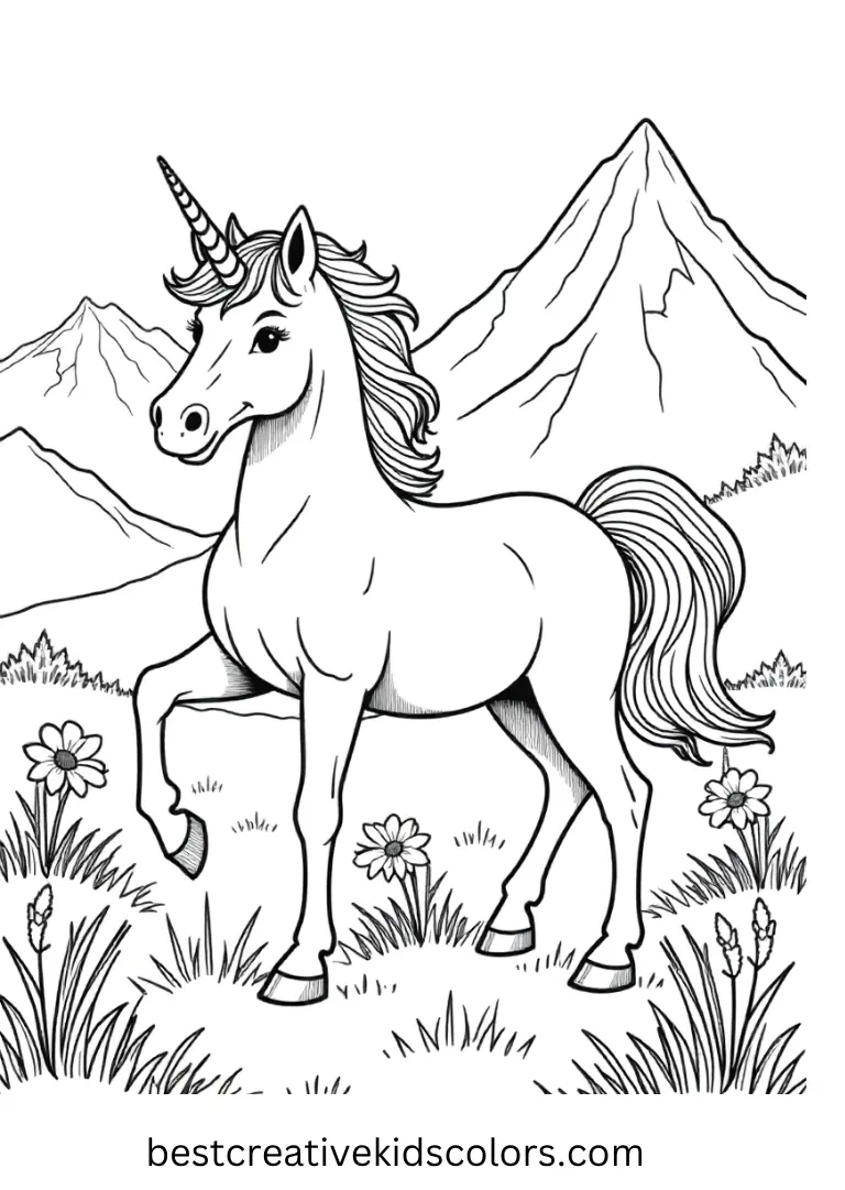 A unicorn explores the mountain meadow — clean, elegant outlines make this coloring page ideal for teens and adults.