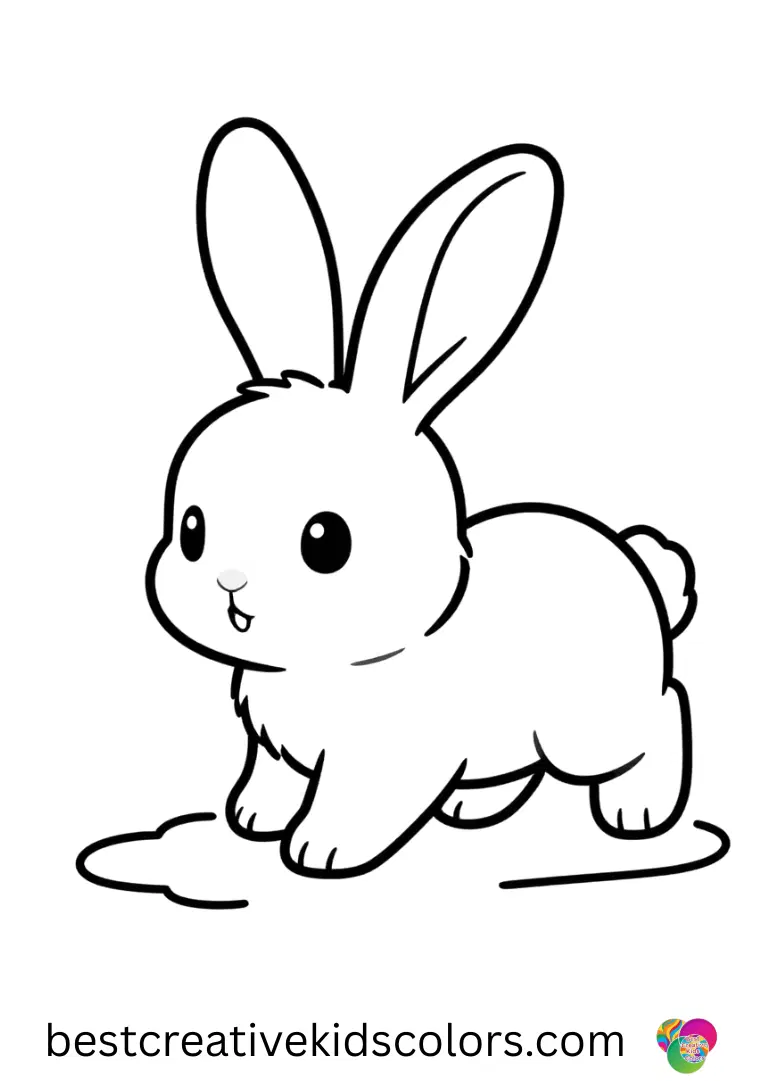 Realistic baby Bunny Coloring Pages features a young bunny hopping over a tiny puddle with delight.