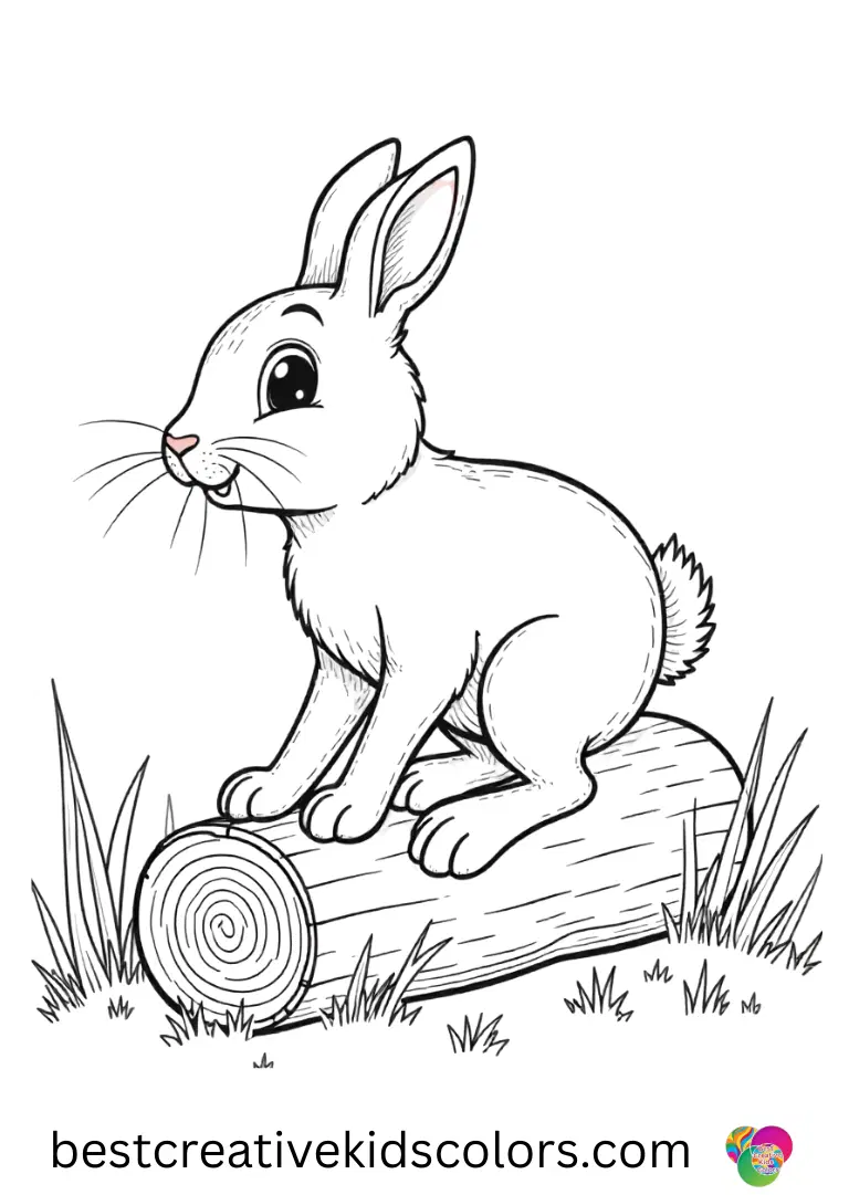 Realistic bunny resting in a meadow coloring pages download shows a rabbit gently hopping over a small log.