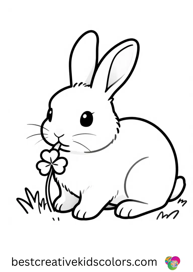 Realistic bunny resting in a meadow coloring pages easy shows a rabbit nibbling on clover quietly.