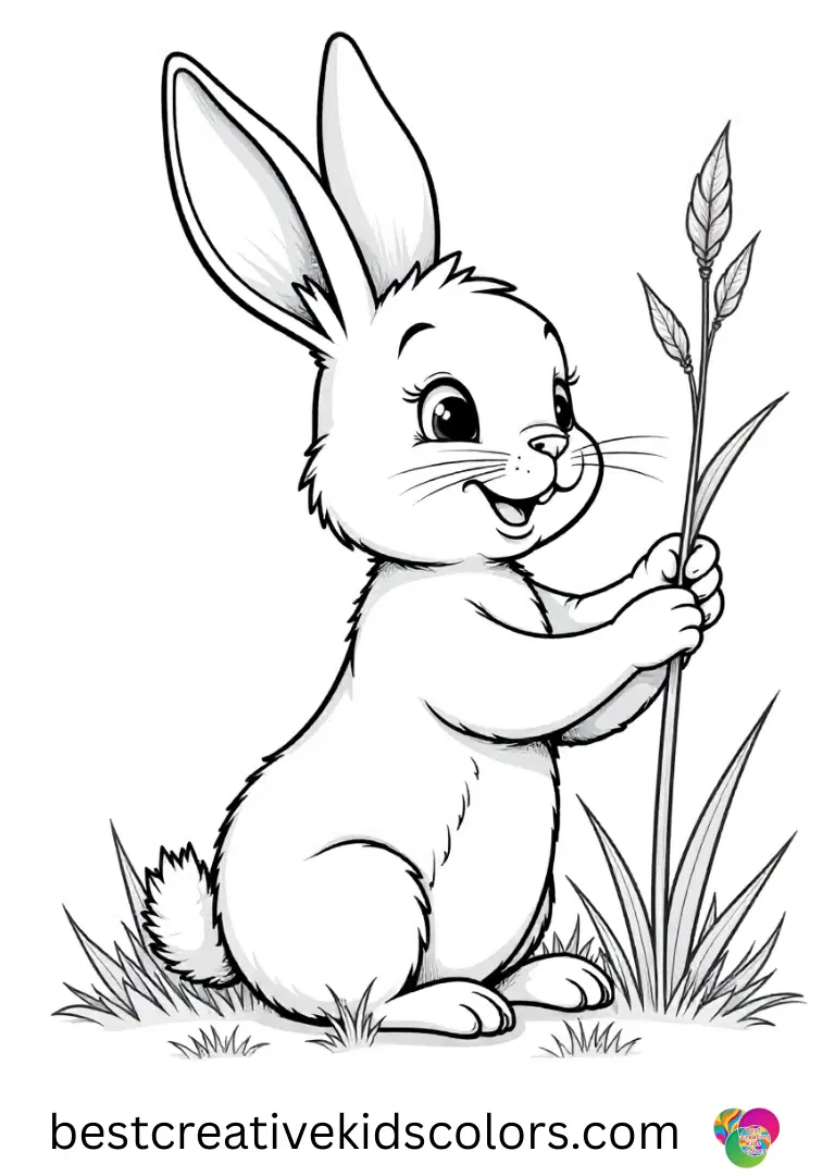 A rabbit stretches upward to reach a tall blade of grass in Realistic bunny resting in a meadow coloring pages free.