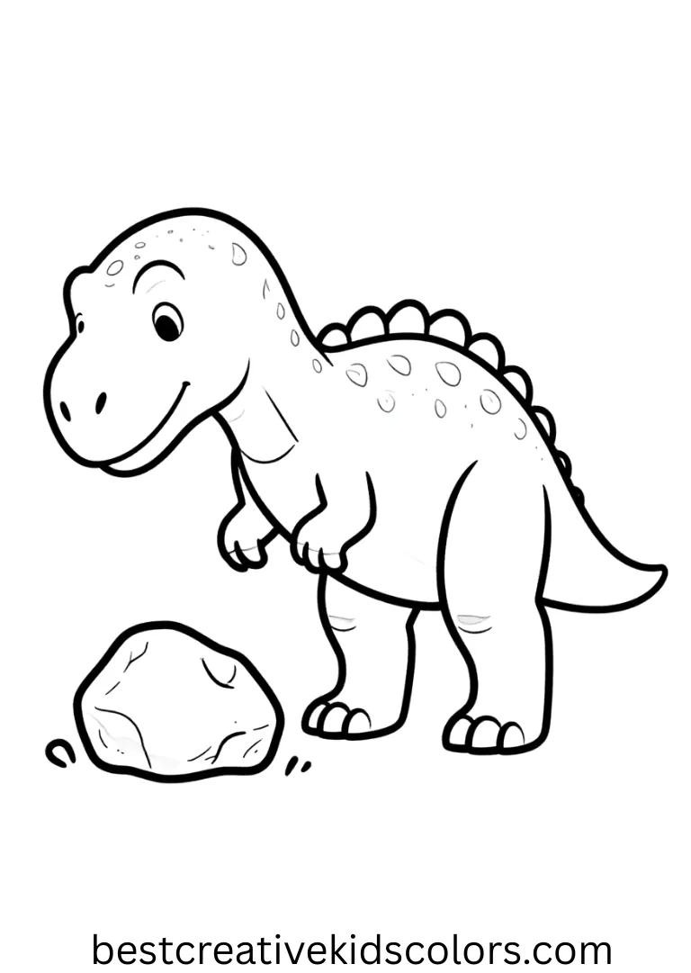 Realistic dinosaur coloring pages depicts a dinosaur leaning over to inspect a small boulder.