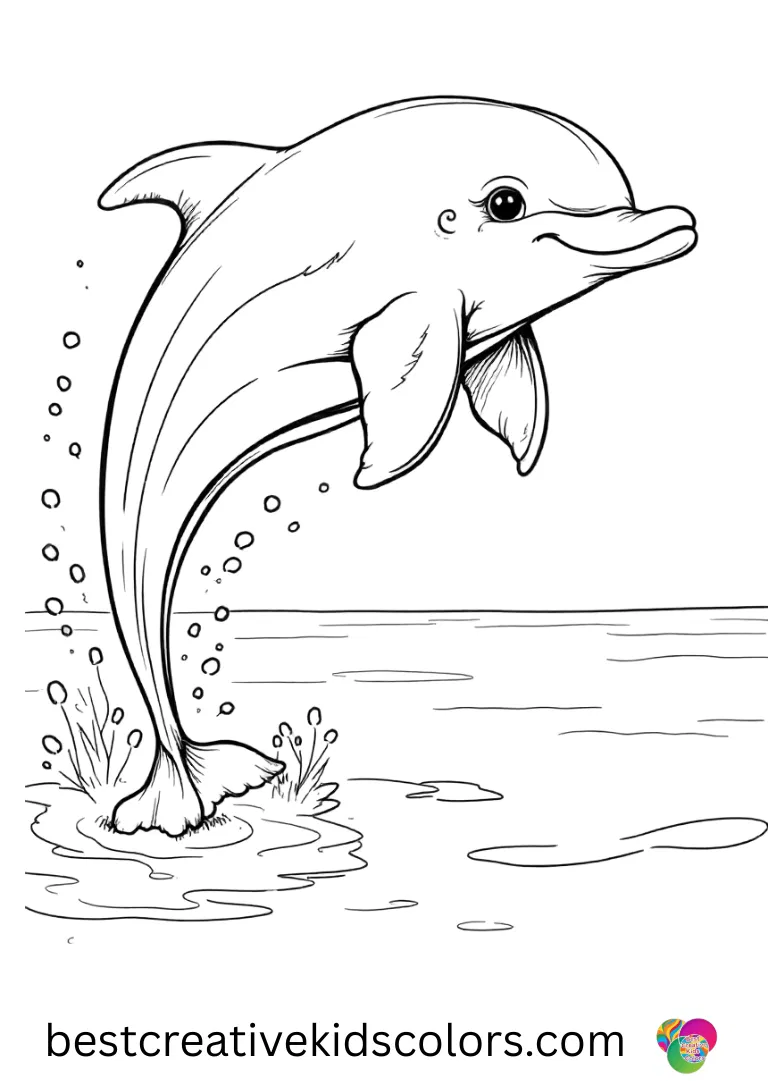 Realistic dolphin coloring pages show a dolphin slicing through calm morning water with sleek movements.
