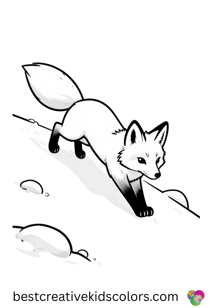 A fox slides down a frozen hill in Realistic fox in a snowy forest coloring page easy.
