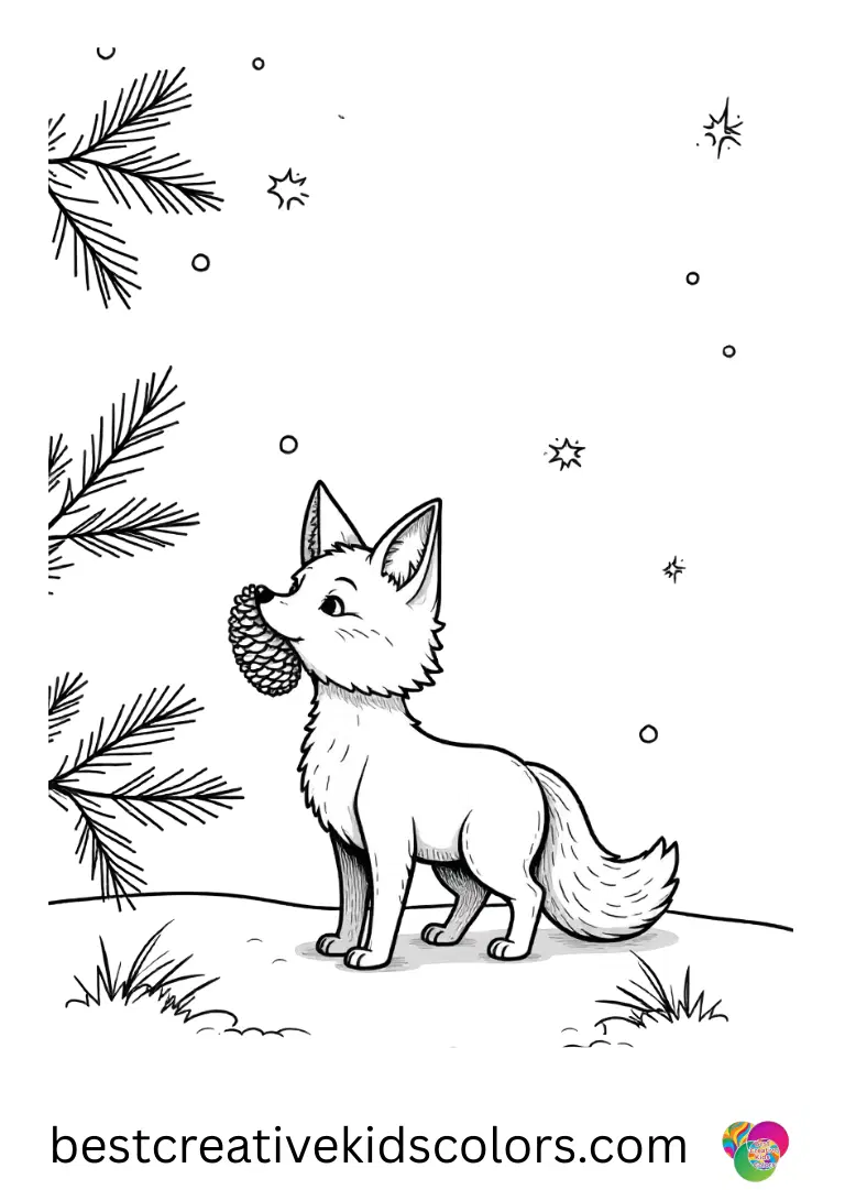 Realistic fox in a snowy forest coloring page free features a fox sniffing a pinecone on snow.