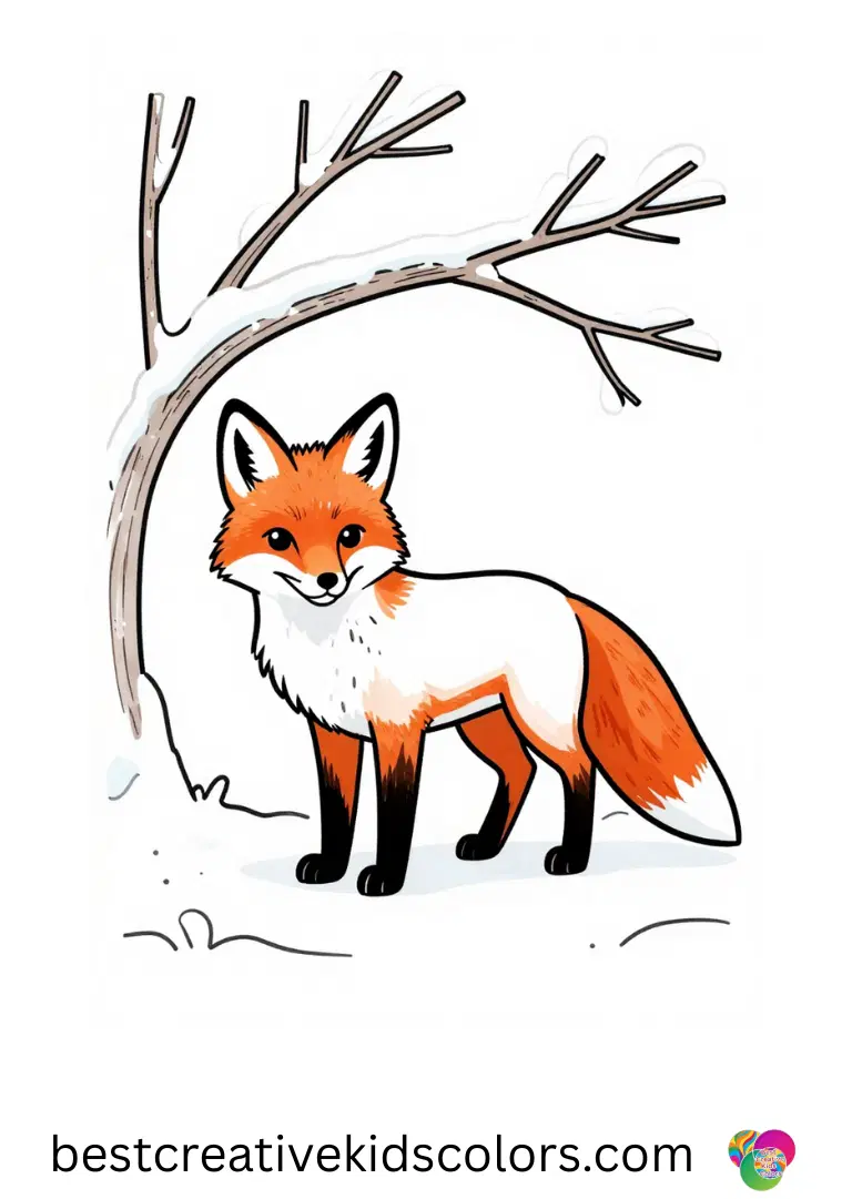 A fox peers through tall frosted branches in Realistic fox in a snowy forest coloring page online.