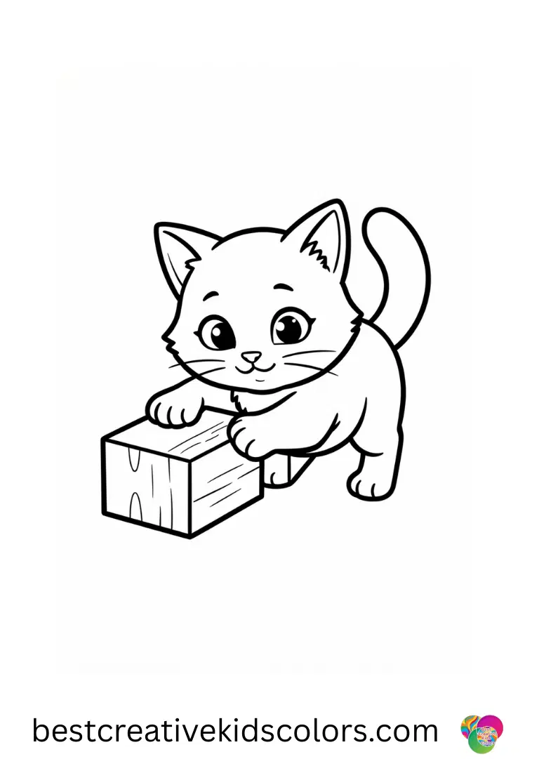 A kitten nudges a lightweight wooden block across a flat surface in these Realistic kitten coloring pages.