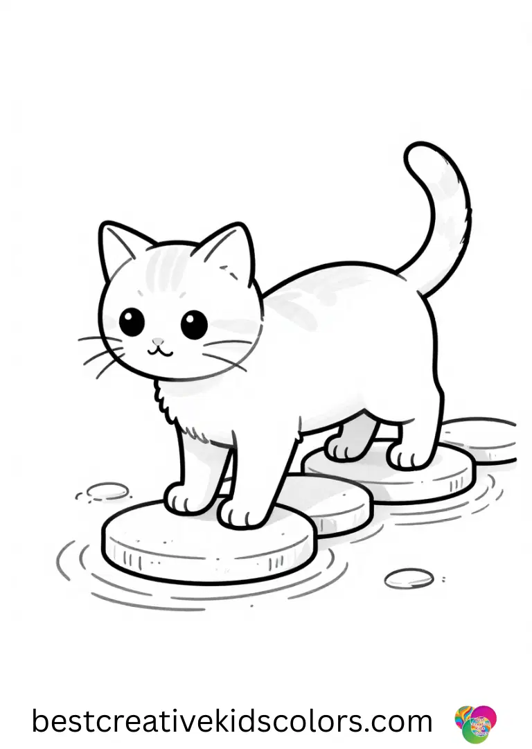 Realistic kitten coloring pages printable features a kitten tiptoeing on stepping stones over a pond.